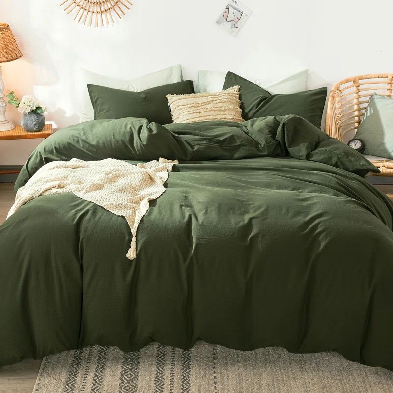 Olive Green Queen Cotton Duvet Cover Set with Pillowcases