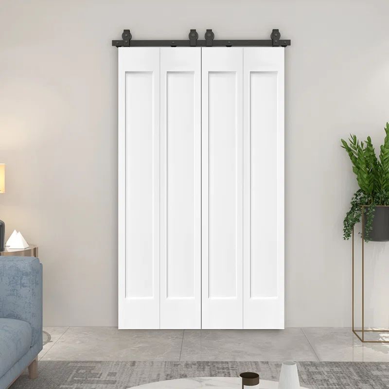 72'' x 80'' Primed White MDF Double Bi-Fold Barn Door with Black Hardware
