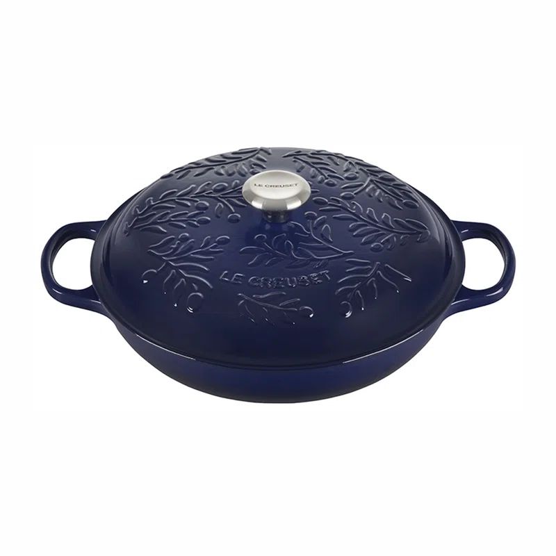 Indigo Cast Iron Round Braiser with Embossed Olive Branch Design