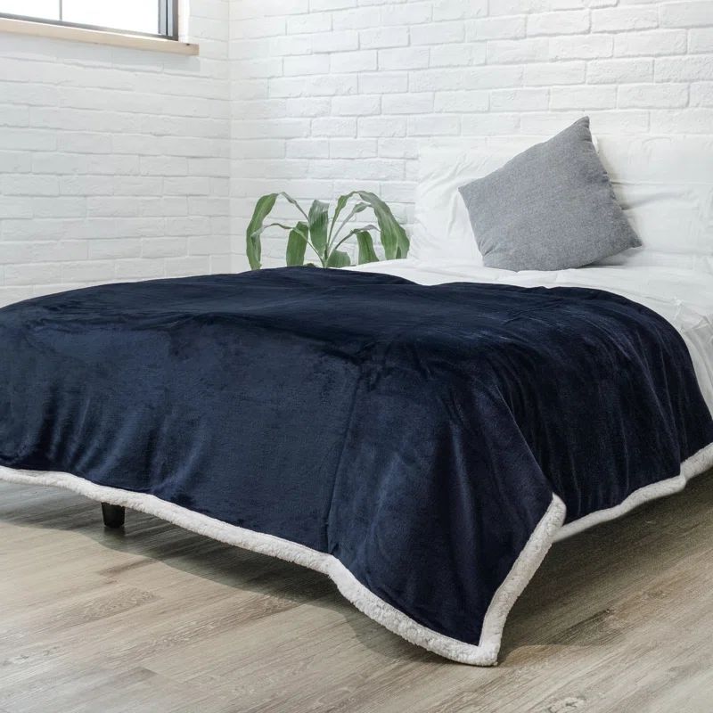 Navy Twin Sherpa Fleece Reversible Throw Blanket