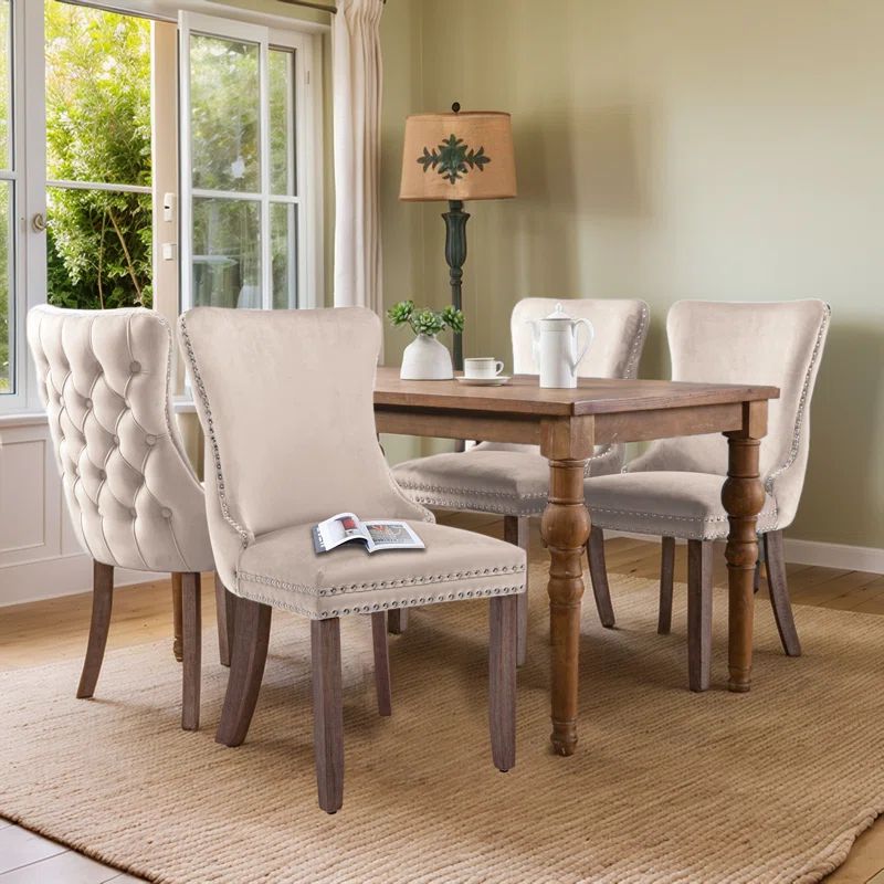 Beige Velvet Upholstered Wing Back Dining Chairs with Wood Legs, Set of 4