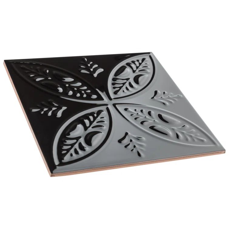 Vintage Black Ceramic Floral Pattern Wall Tile, 8" x 8"