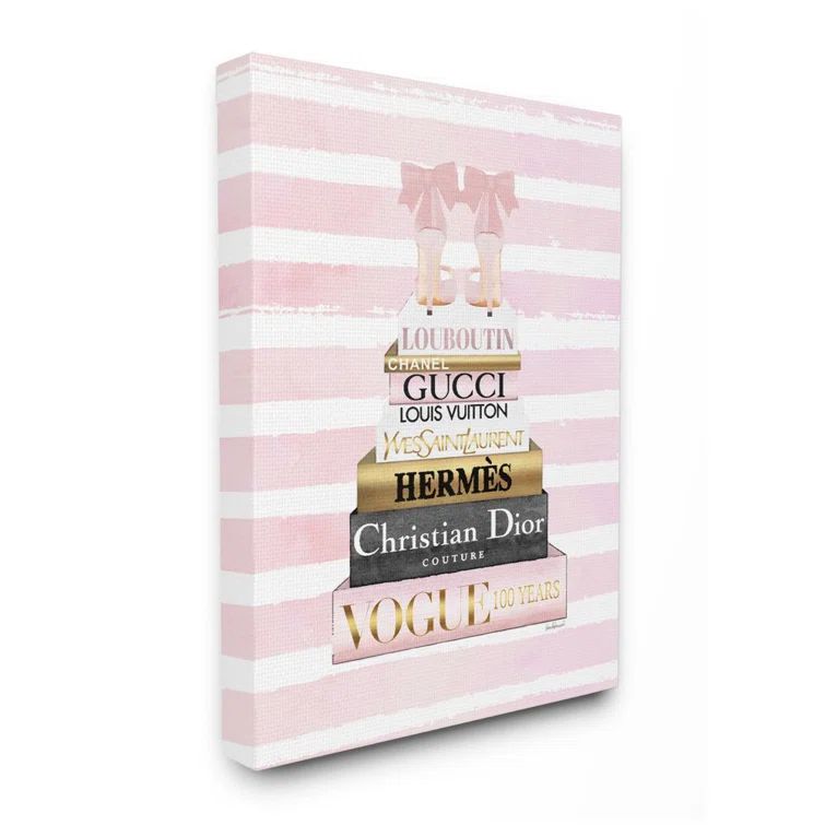 Glam Fashion Pink Striped Canvas Art with Bookstack