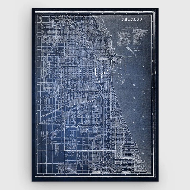 Chicago Sketch Map Blue Framed Canvas Print 30" x 40"