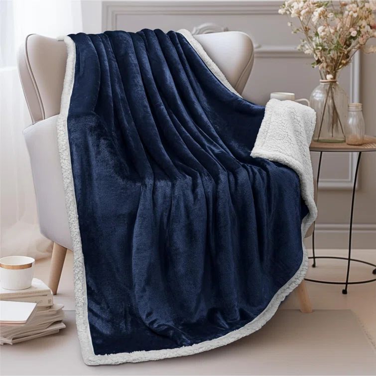 Navy Blue Sherpa Fleece Reversible Throw Blanket