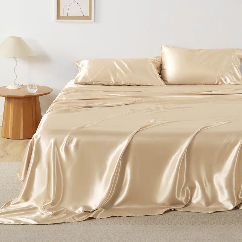 Champagne Queen Size Satin Sheet Set with Pillowcases