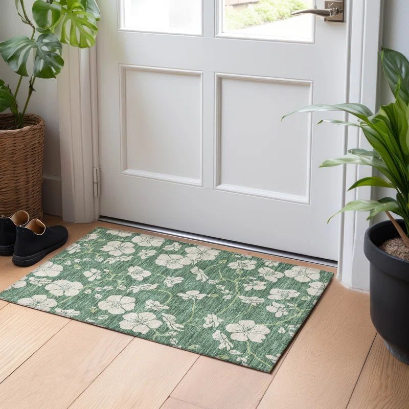 Sage Floral Synthetic Rectangular Washable Rug 20" x 30"