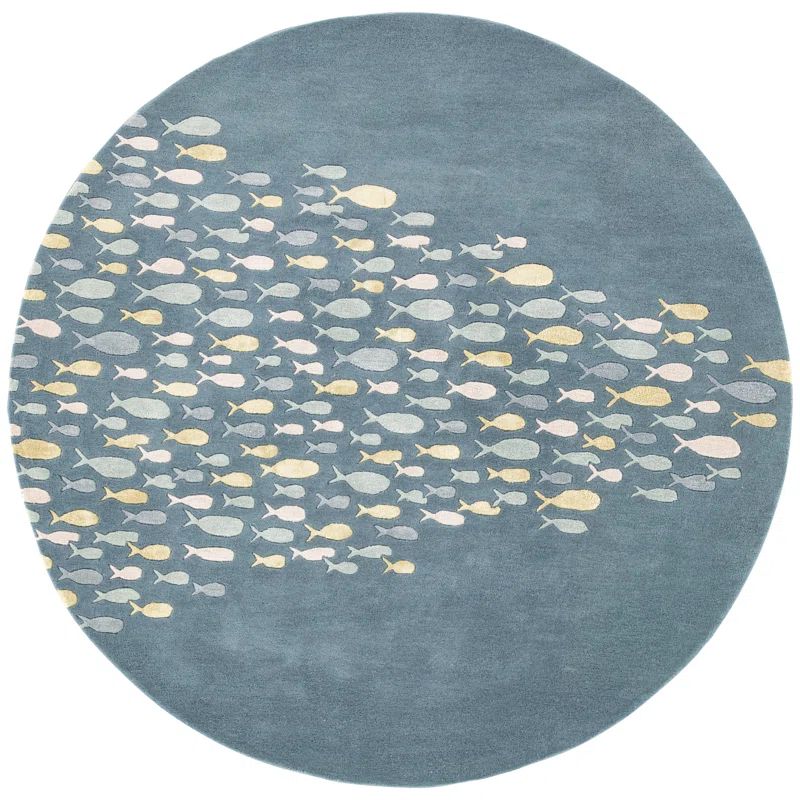 Hand-Tufted Round Blue Wool Reversible Area Rug
