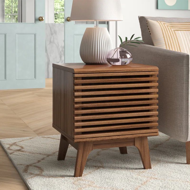 Walnut Mid-Century Modern Vinyl Record Display Stand with Hinged Door