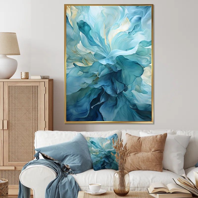 Aqua Blue and White Abstract Canvas Print with Gold Frame