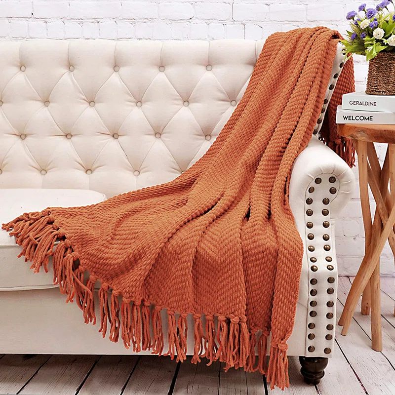 Rust Knitted Reversible Throw Blanket with Braided Tassels, 60" x 80"