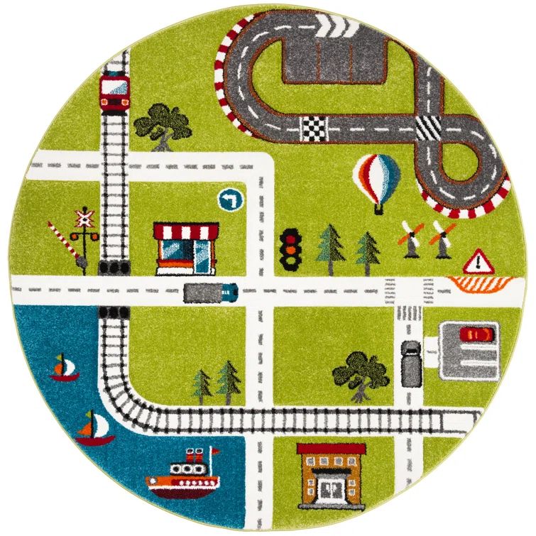 Green and Ivory Round Kids Train Track Area Rug