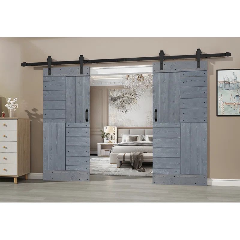 Dark Gray Solid Wood Double Sliding Barn Door with Matte Black Hardware Kit