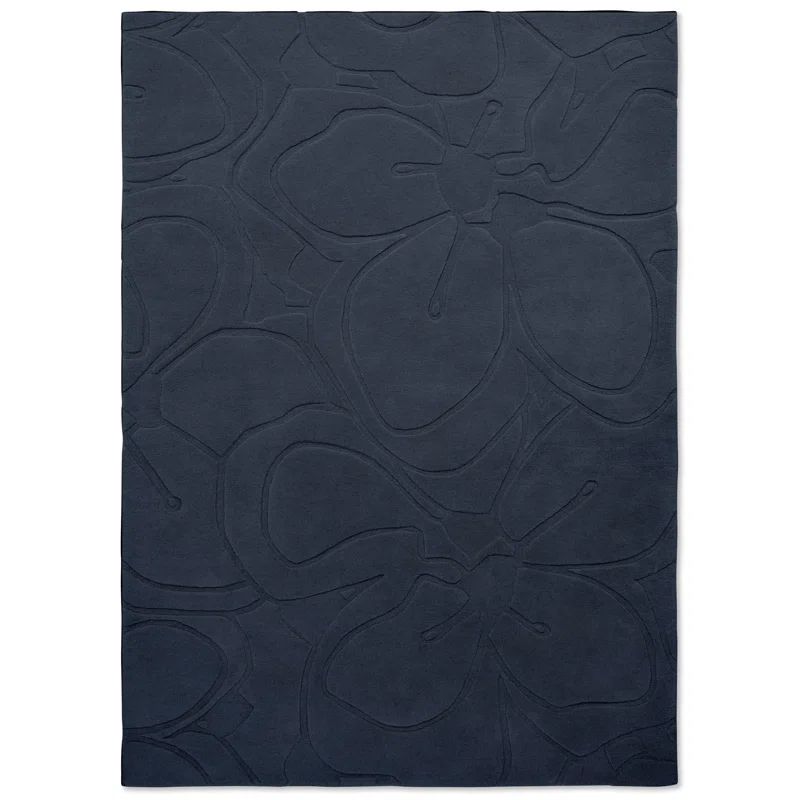 Handmade Dark Blue Wool Floral Rectangular Rug