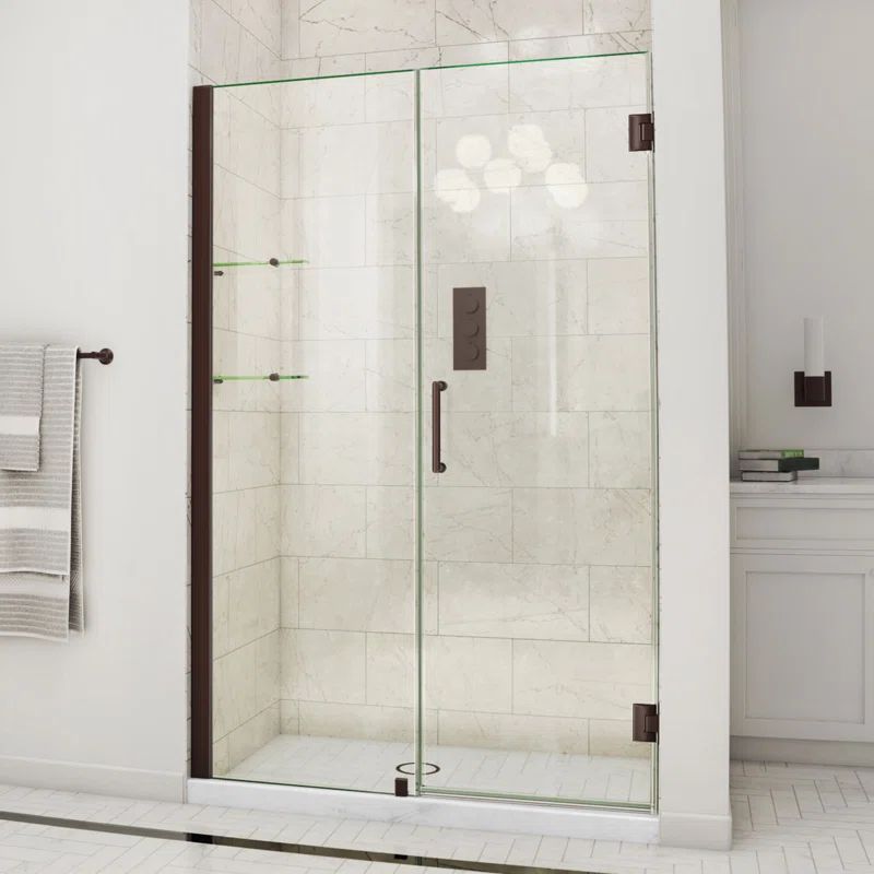 Unidoor Frameless Hinged Shower Door with Clear Glass and Black Hardware