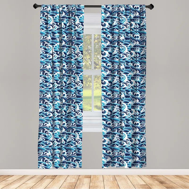 Blue Wave Pattern Rod Pocket Light Filtering Curtain Pair