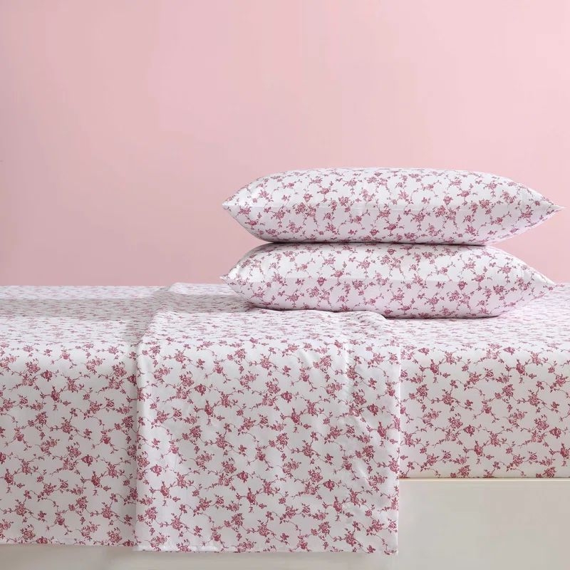 Twin Pink Floral Toile Microfiber Sheet Set