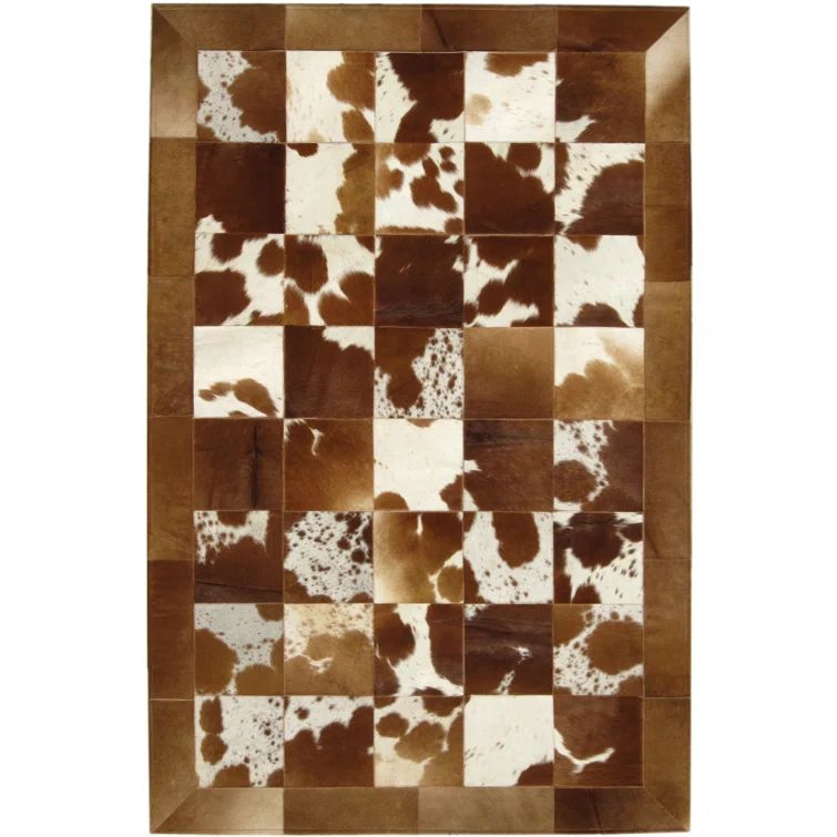 Handmade Natural Brown and White Cowhide Patchwork Rug, 4' x 6'
