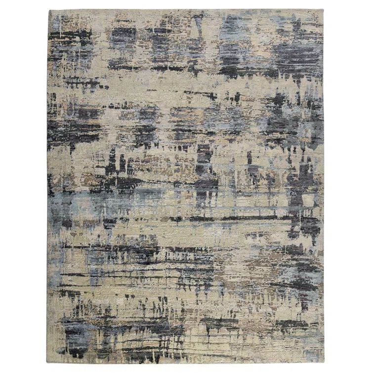 Hand-Knotted Abstract Wool Silk 10' x 14' Area Rug