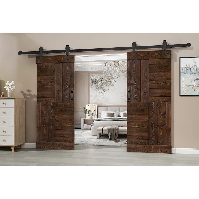 Kona Coffee Solid Wood Multipanel Barn Door Kit with Matte Black Hardware