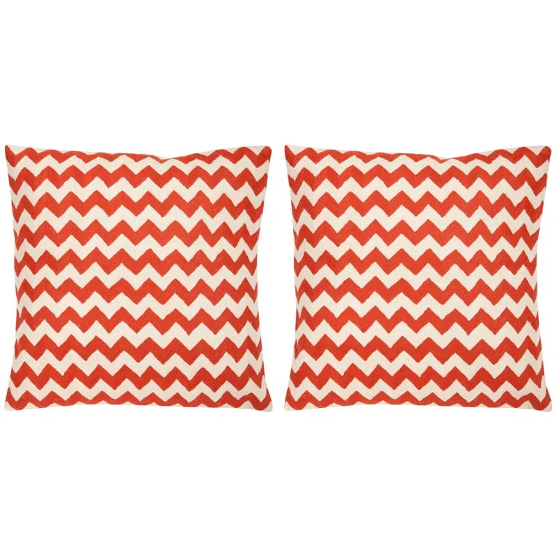 Orange and White Zig-Zag Embroidered Square Throw Pillows, Set of 2
