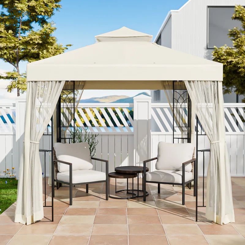 Beige Metal Frame Patio Gazebo with Netting and Corner Shelves