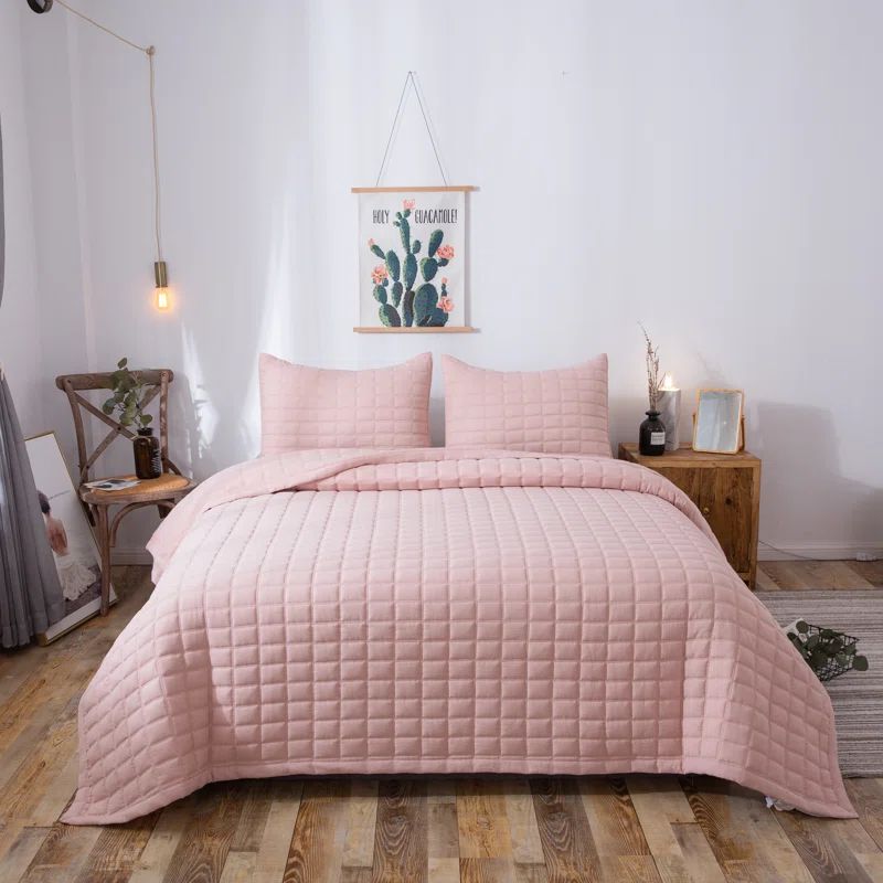 King Size Soft Baby Pink Microfiber Reversible Quilt Set