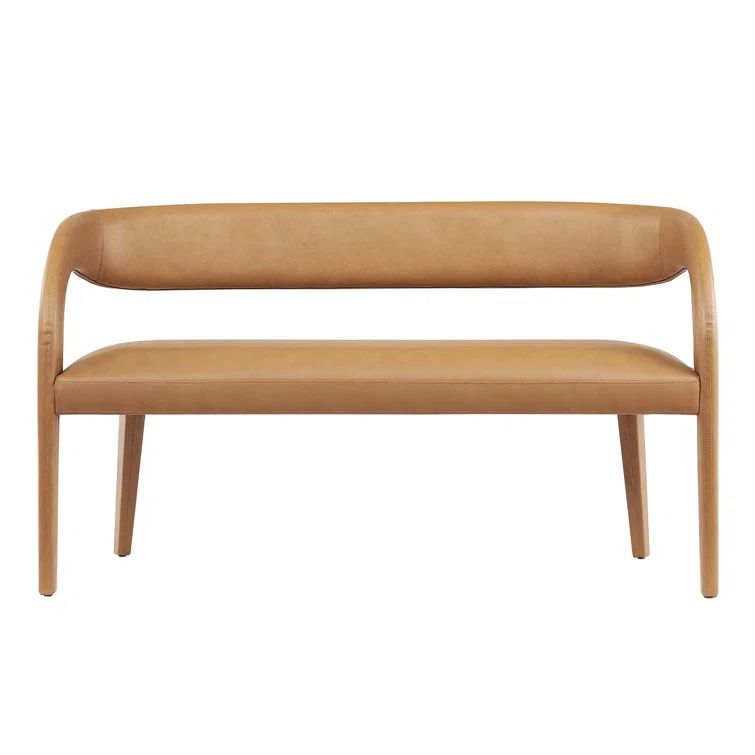 Tan Vegan Leather Curved Backrest Accent Bench