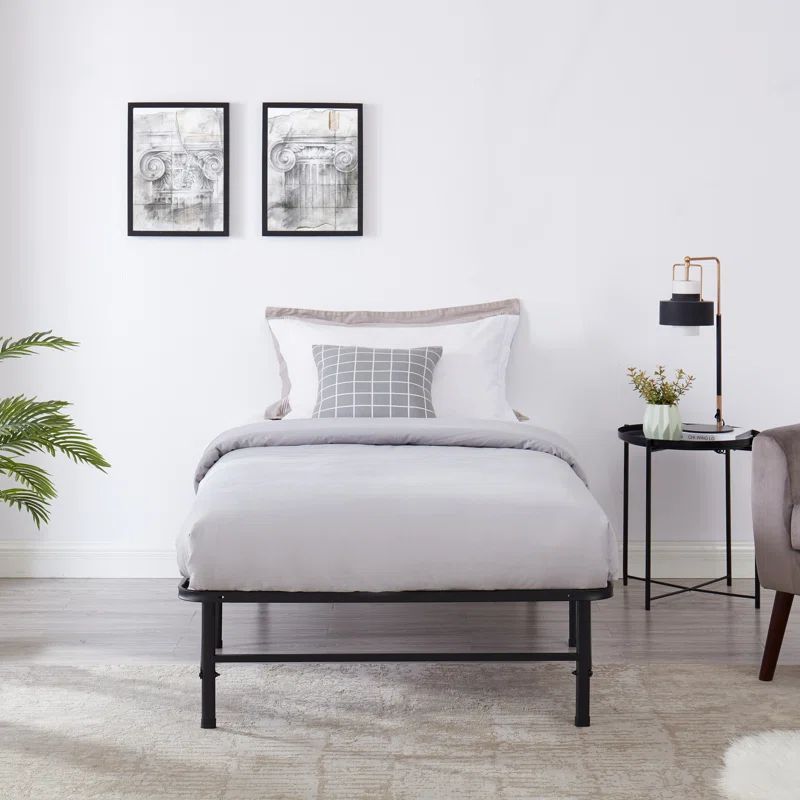 Twin Black Metal Foldable Bed Frame with Headboard and Slats