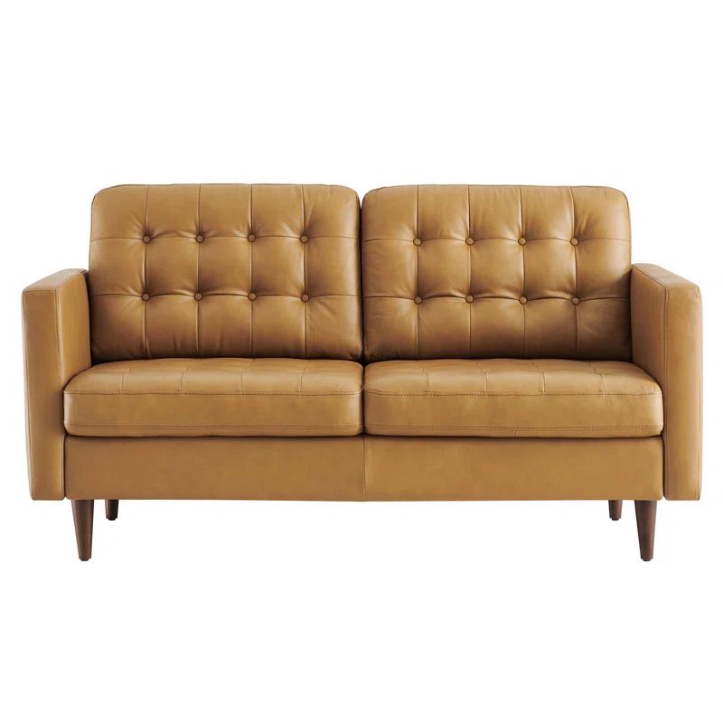 Tan Tufted Faux Leather Loveseat with Wood Legs