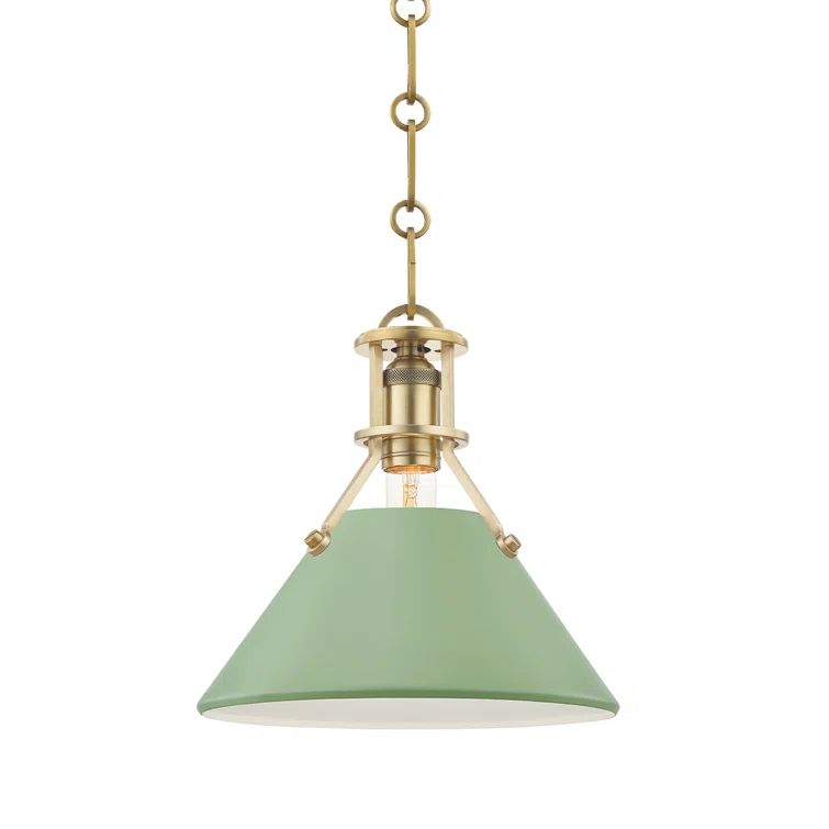Aged Brass and Leaf Green Cone Pendant Light
