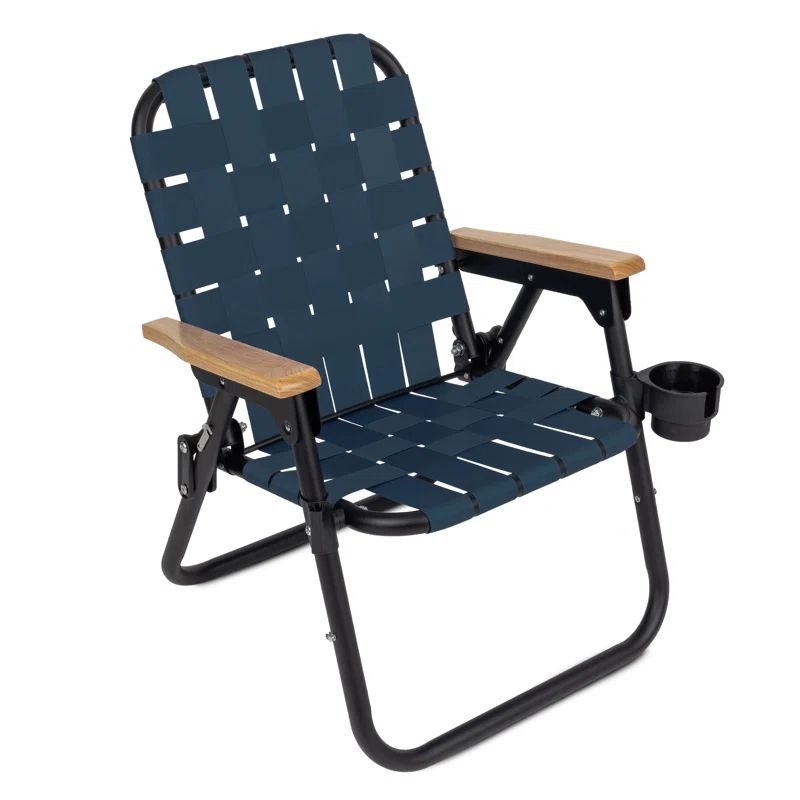 Navy Woven Aluminum Beach and Camping Chair with Hardwood Arms