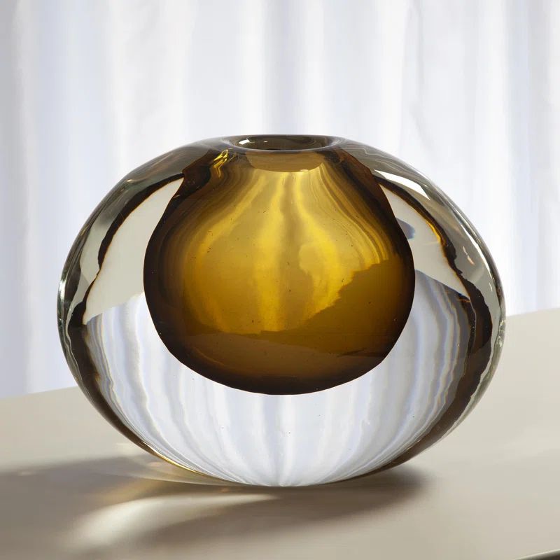 Amber and Clear Glass Decorative Round Vase