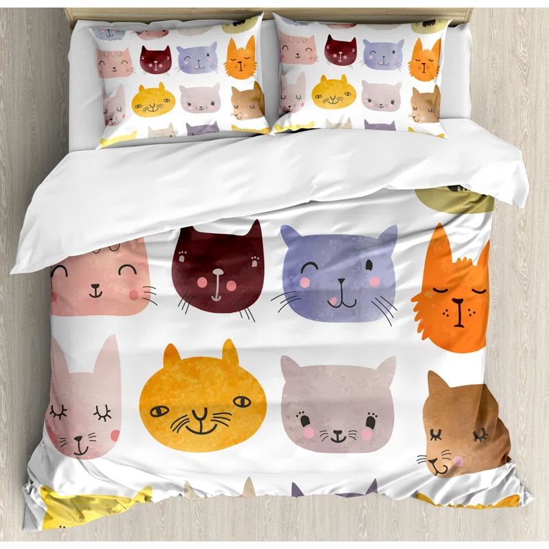 King Size Multicolor Cat Watercolor Duvet Cover Set