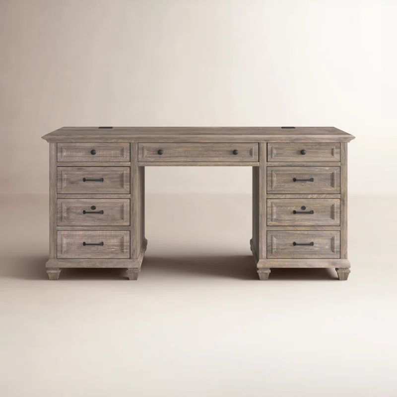 Transitional Dove Tail Grey Executive Desk with Power Outlet and Filing Cabinet