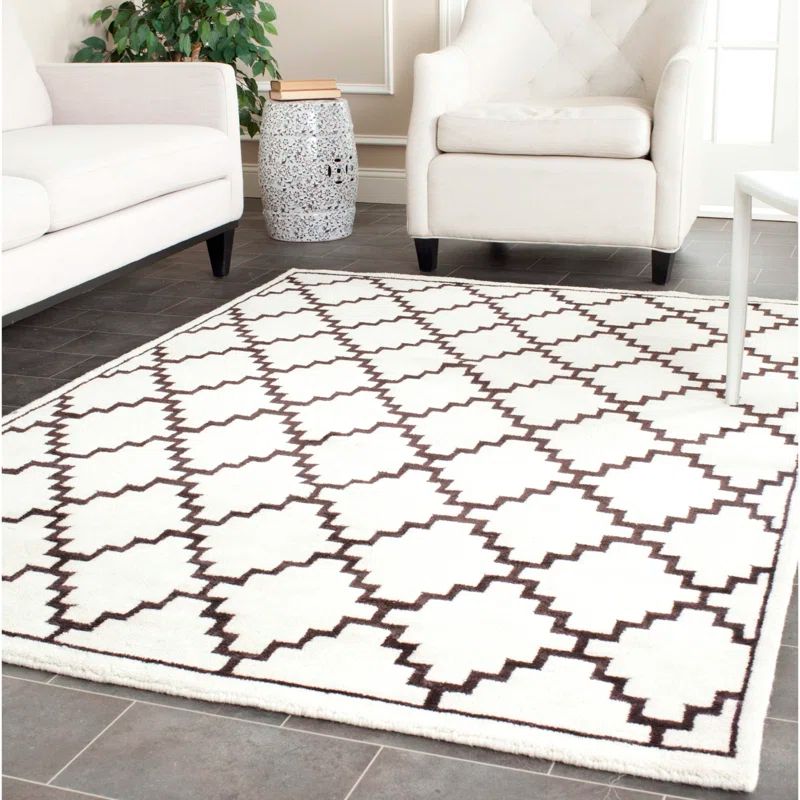 Ivory and Charcoal Hand-Knotted Wool Geometric Rug, 4' x 6'
