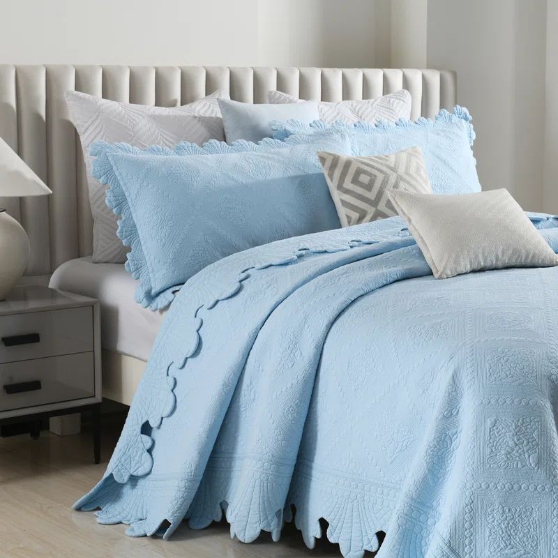 Light Blue Cotton Queen Reversible Bedspread Set
