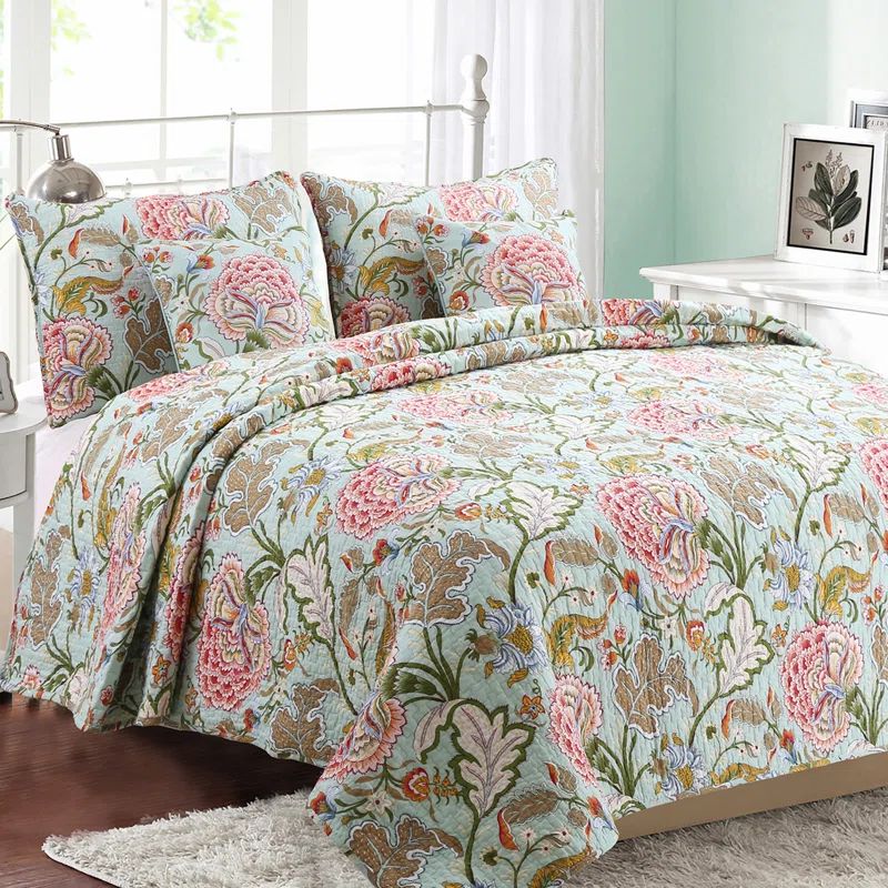Queen Size Pink and Green Cotton Reversible Floral Quilt Set