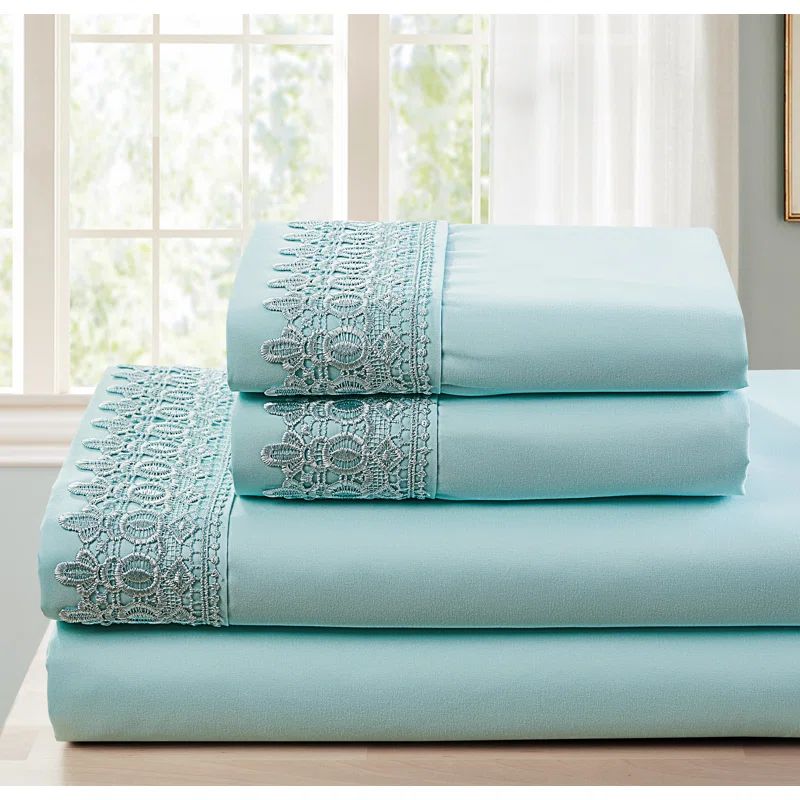 Light Blue Embroidered Twin Microfiber Sheet Set