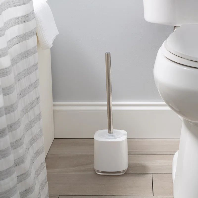 White Plastic Toilet Brush and Holder with Mirrored Handle