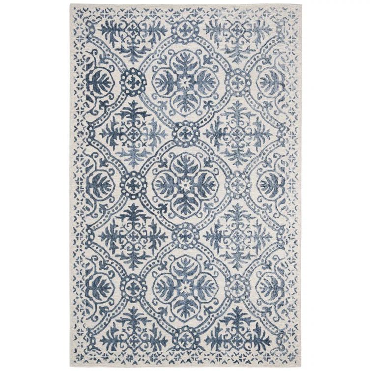 Navy and Ivory Geometric Handmade Wool Tufted Rug, 4' x 6'