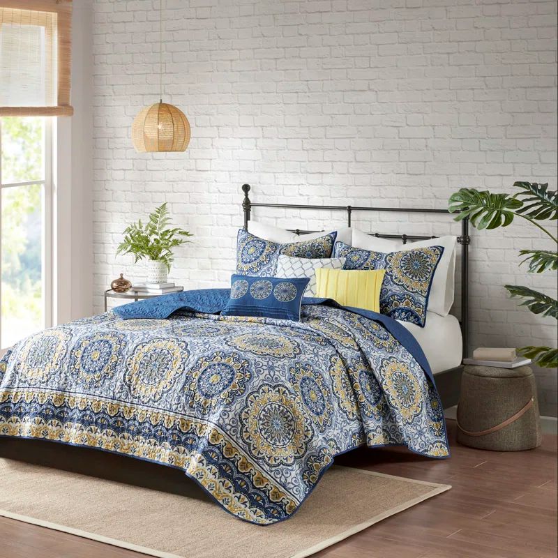 King Blue Microfiber Reversible 6-Piece Quilt Set