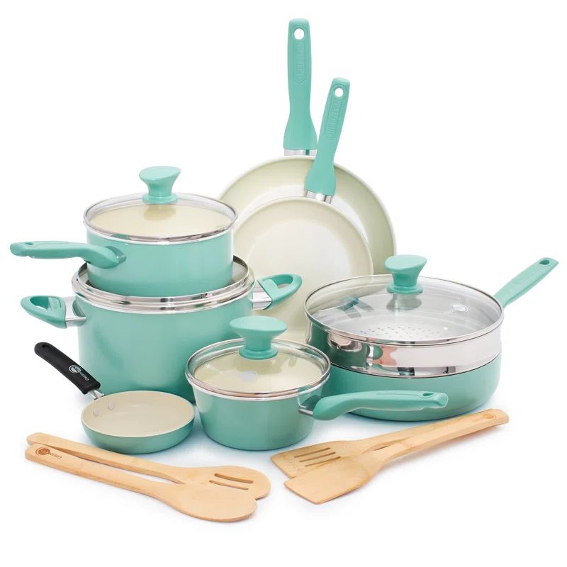 Turquoise Aluminum Non-Stick 16-Piece Cookware Set