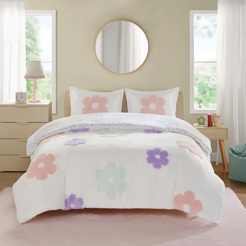 Full/Queen Multicolor Floral Chenille Kids Duvet Cover Set