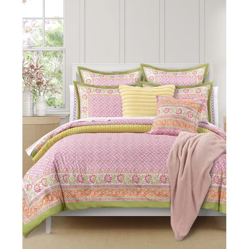 Full Pink Microfiber Floral Geometric Comforter Set