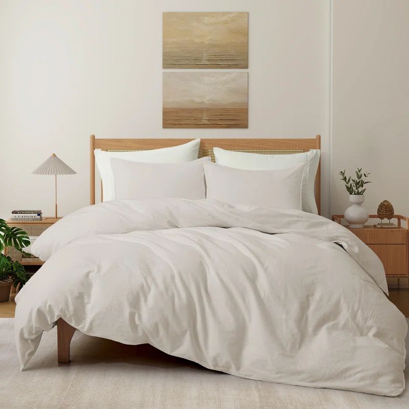 Beige Twin Linen and Cotton Duvet Cover Set