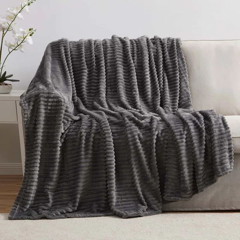 Gray King Size Plush Fleece Blanket with Ribbed Texture