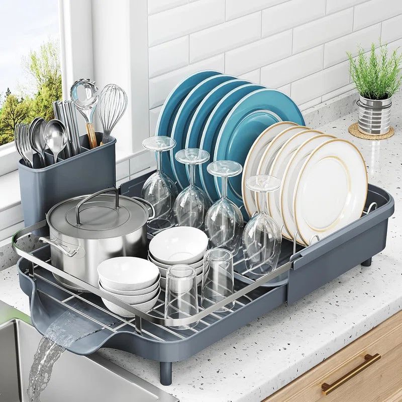 Gray Stainless Steel Expandable Dish Drying Rack with Utensil Holder