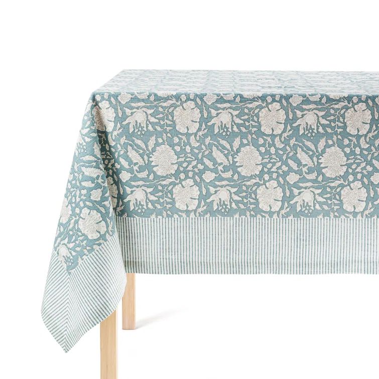 Hand-Screened Blue Floral Cotton Tablecloth 70" x 108"