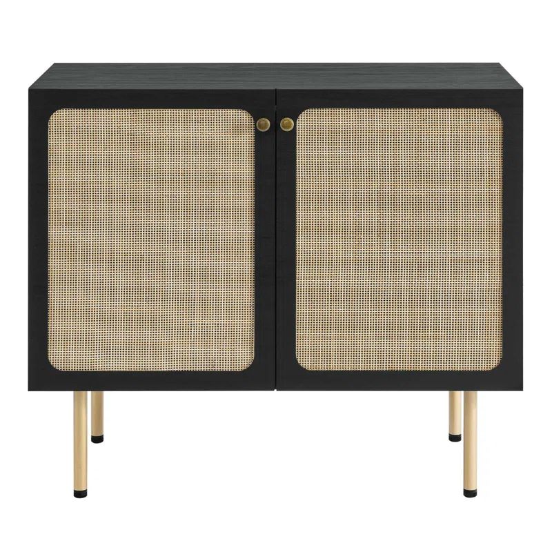 Black and Natural Rattan Weave Accent Cabinet with Sleek Legs